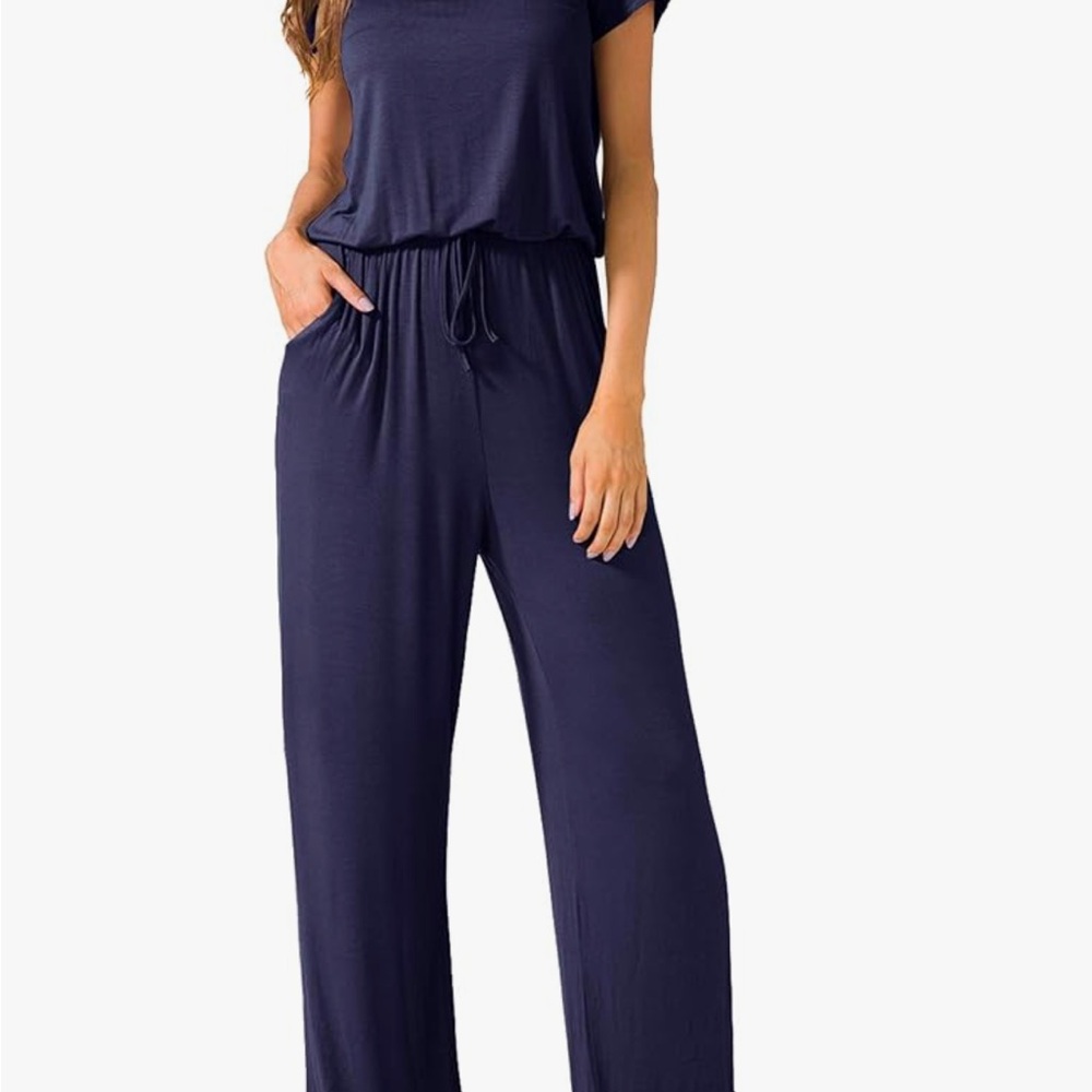 Navy Blue Jumpsuit Wide-leg Drawstring Waist